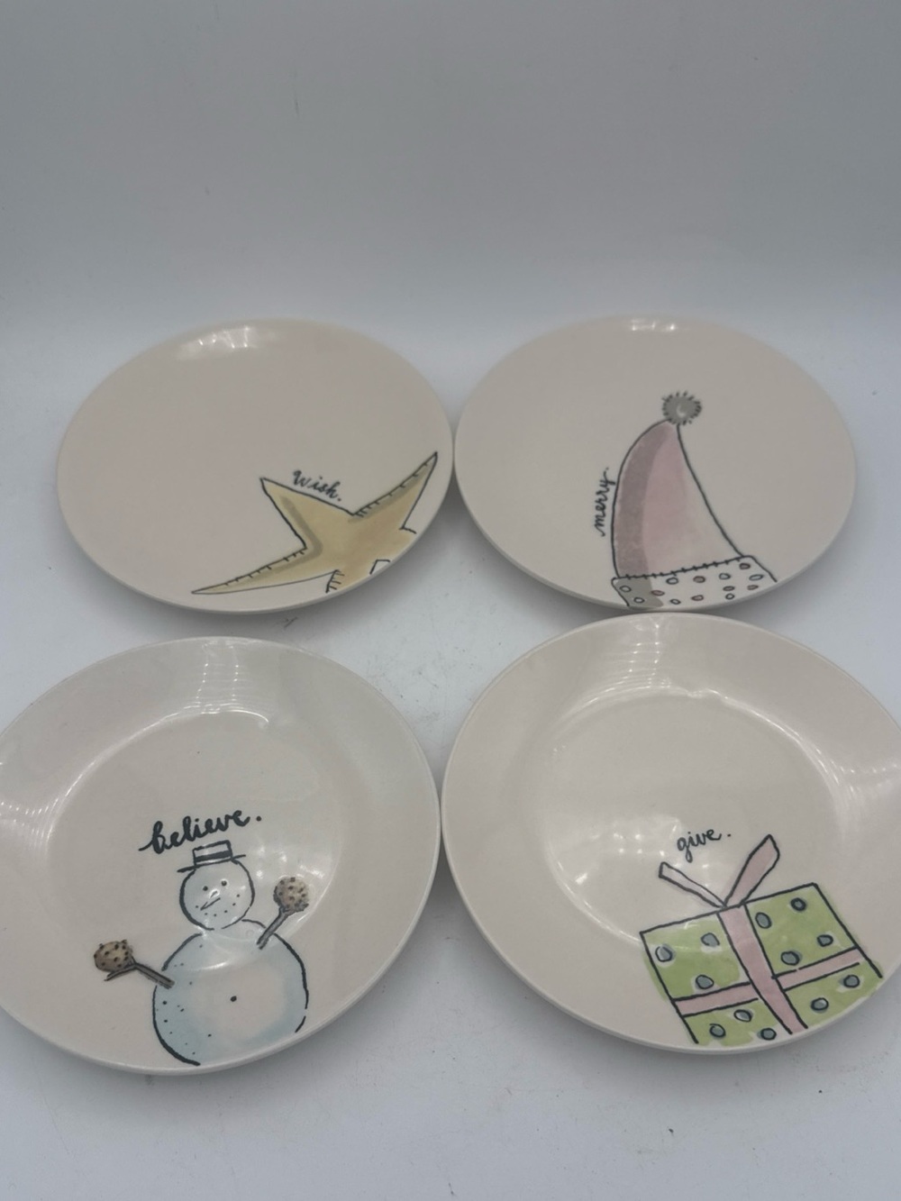 4 Rae Dunn by Magenta Holiday Snack Appetizer Plates 6” Wish Believe Merry Give